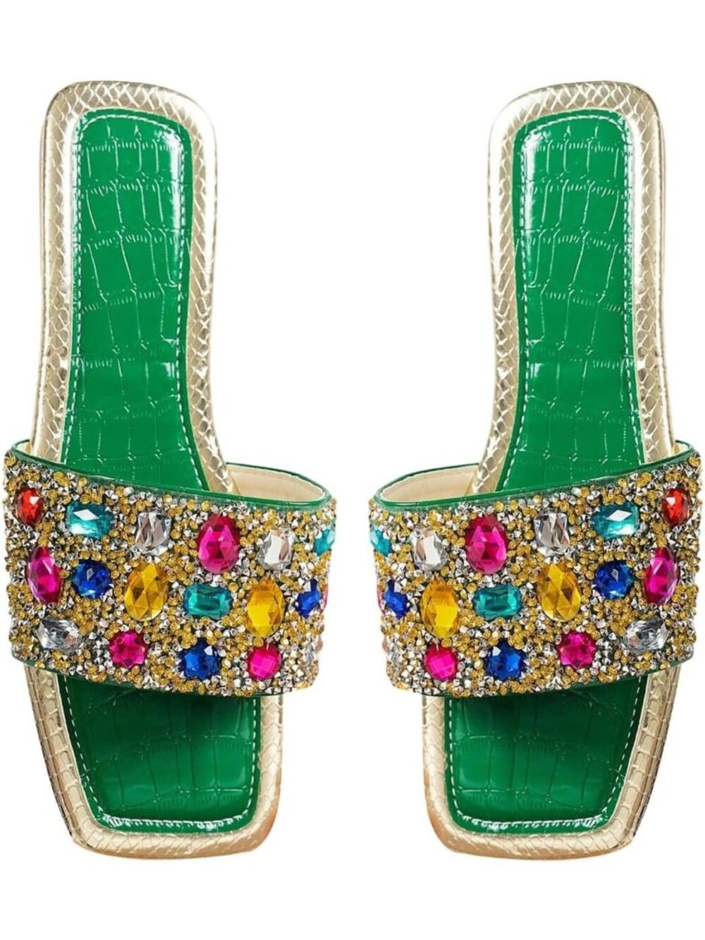 🆕Women's Green Rhinestone Rainbow Flat Sandals Sparkly Bling Slides Glitter